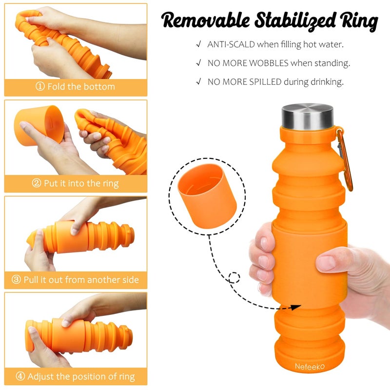 Nefeeko Collapsible Water Bottle, 18floz Reuseable BPA Free Silicone Foldable Water Bottles for Travel Gym Camping Hiking, Portable Leak Proof Sports Water Bottle with Carabiner - Image 4